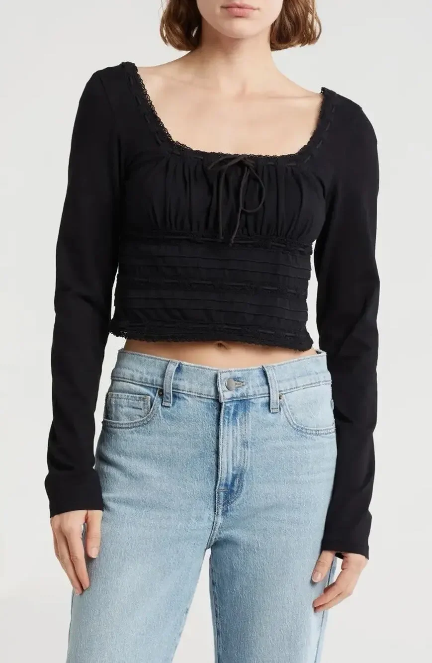 Free People Cropped Black Long Sleeve Scarlett Top Blouse M